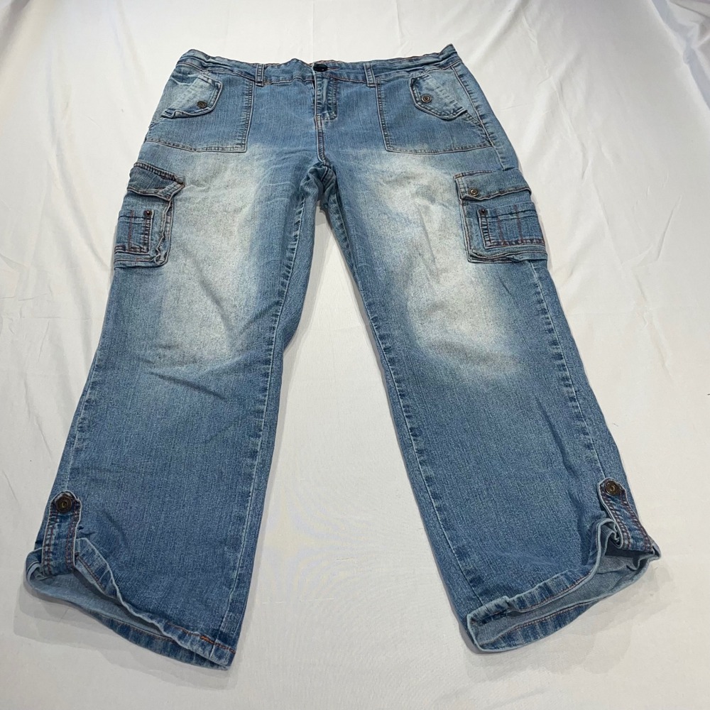 NoFuze Denim Cargo Pants Womens 16 Light Wash Straight Leg Crop Utility‎ Jeans